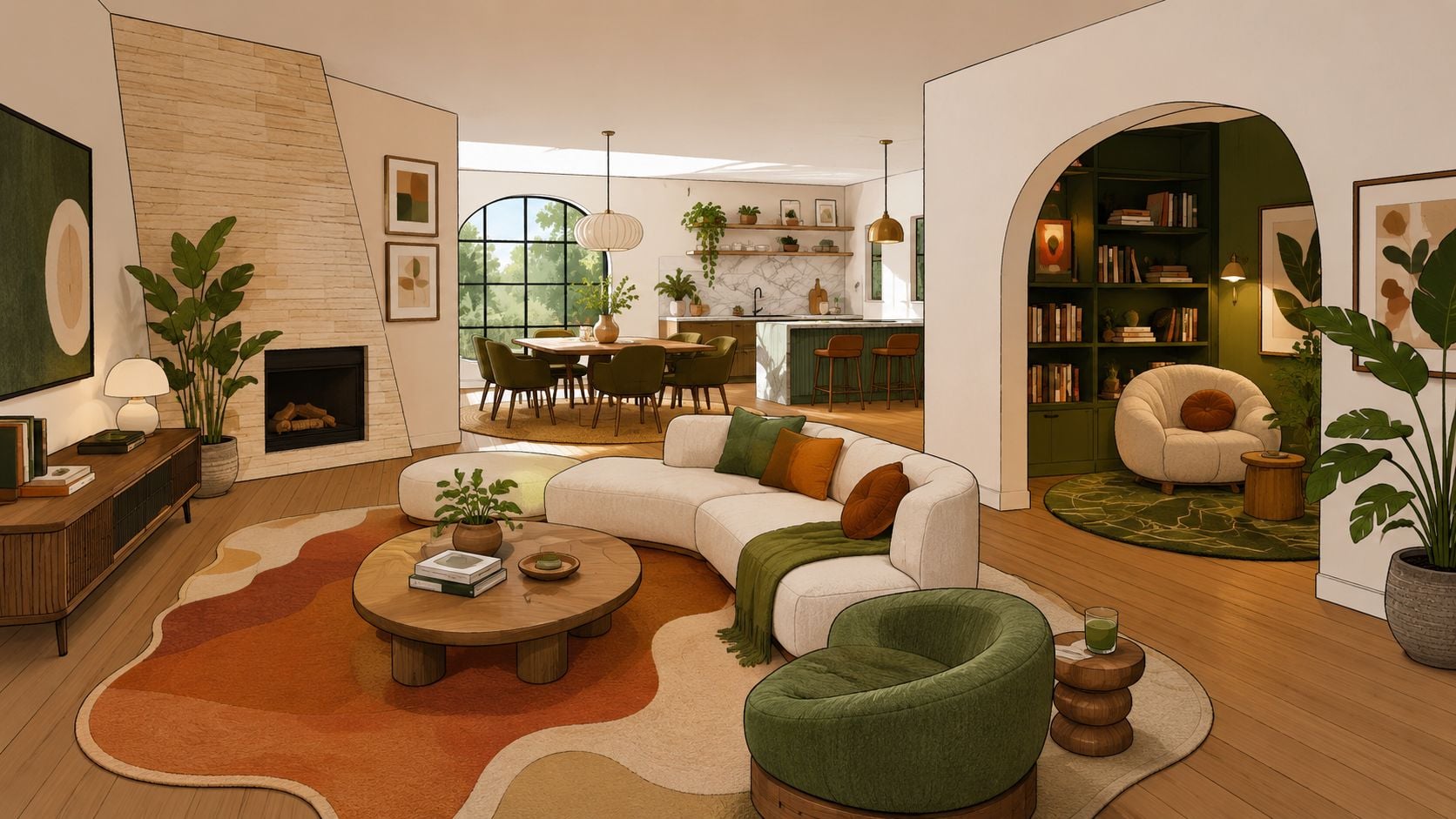 A cozy living room featuring a curved sofa, a vibrant wave-patterned rug, and modern interior decor.