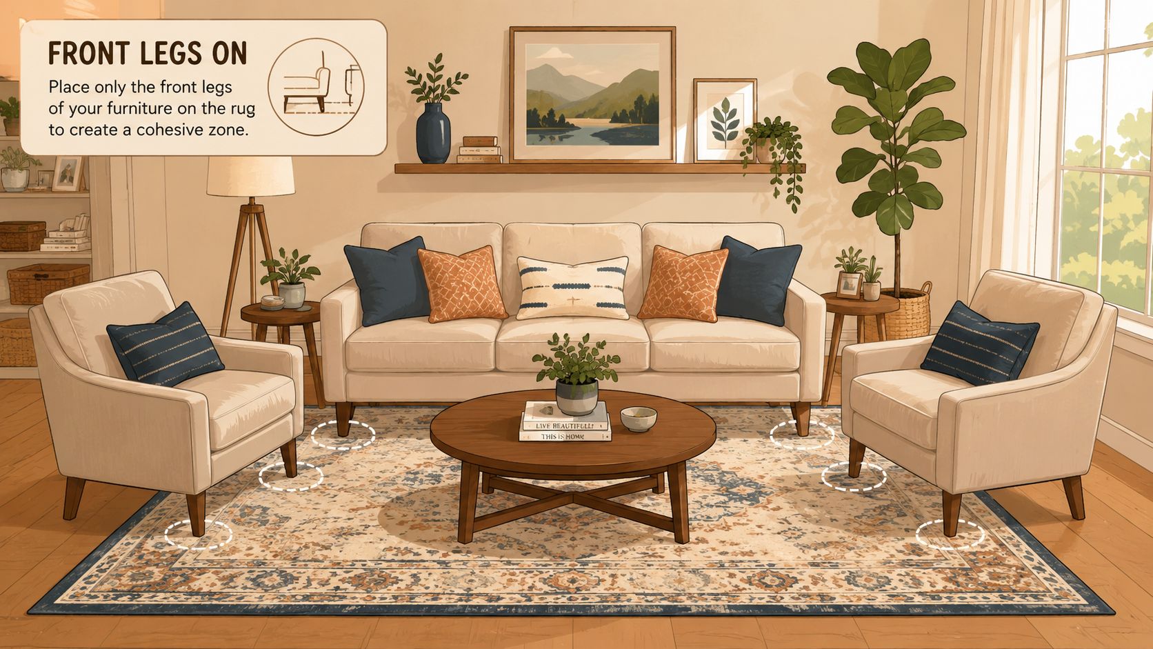 An illustration showing how to place sofa and armchair front legs on a living room rug.