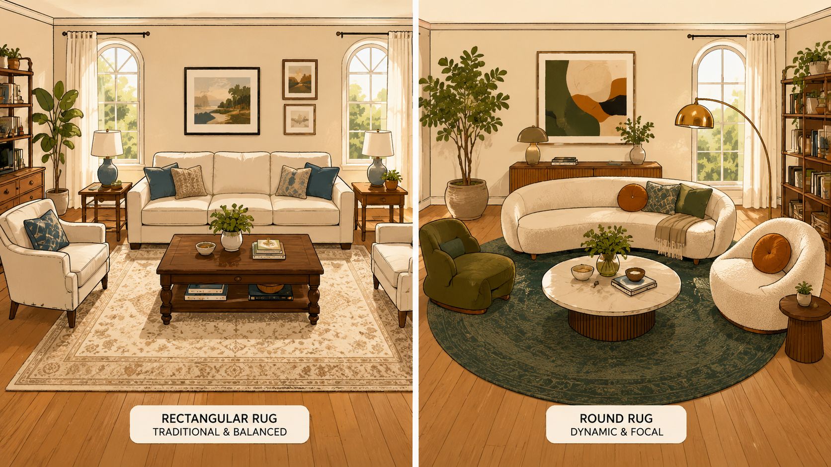 A split image illustrating the difference between using a rectangular rug and a round rug in a living room.