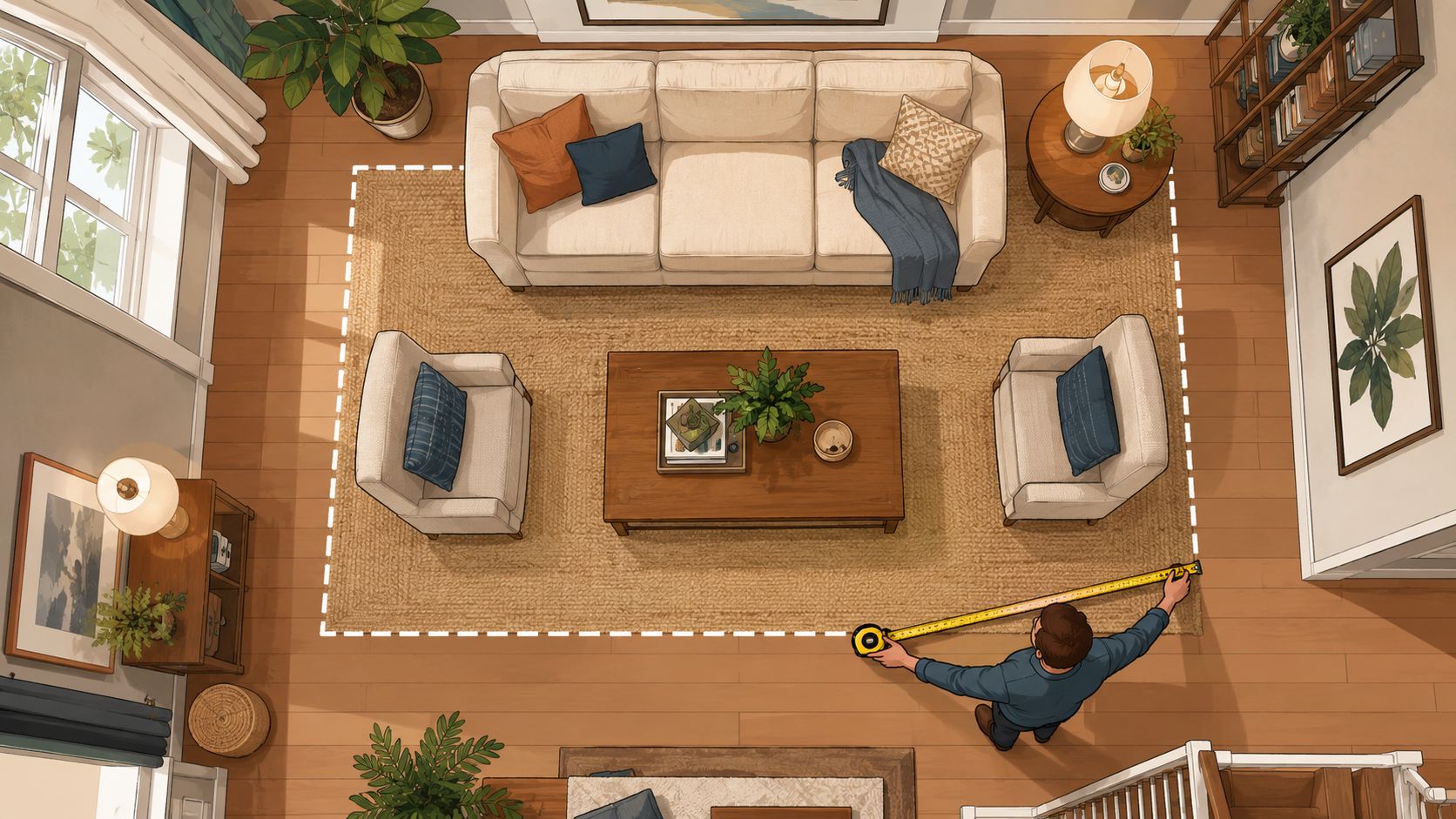 A person using a yellow tape measure to determine the dimensions of a rug for a living room.