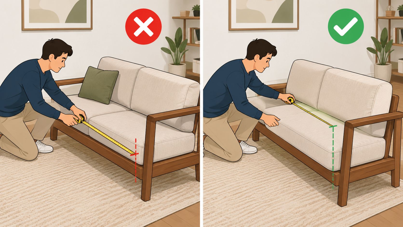 A split-screen illustration demonstrating the incorrect and correct way to measure the seat depth of a sofa.
