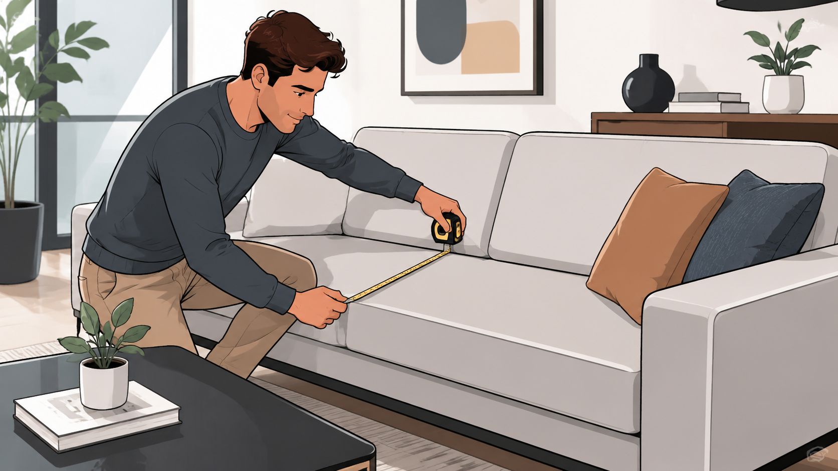 A man kneeling on the floor, carefully measuring the seat depth of a modern light-colored sofa.