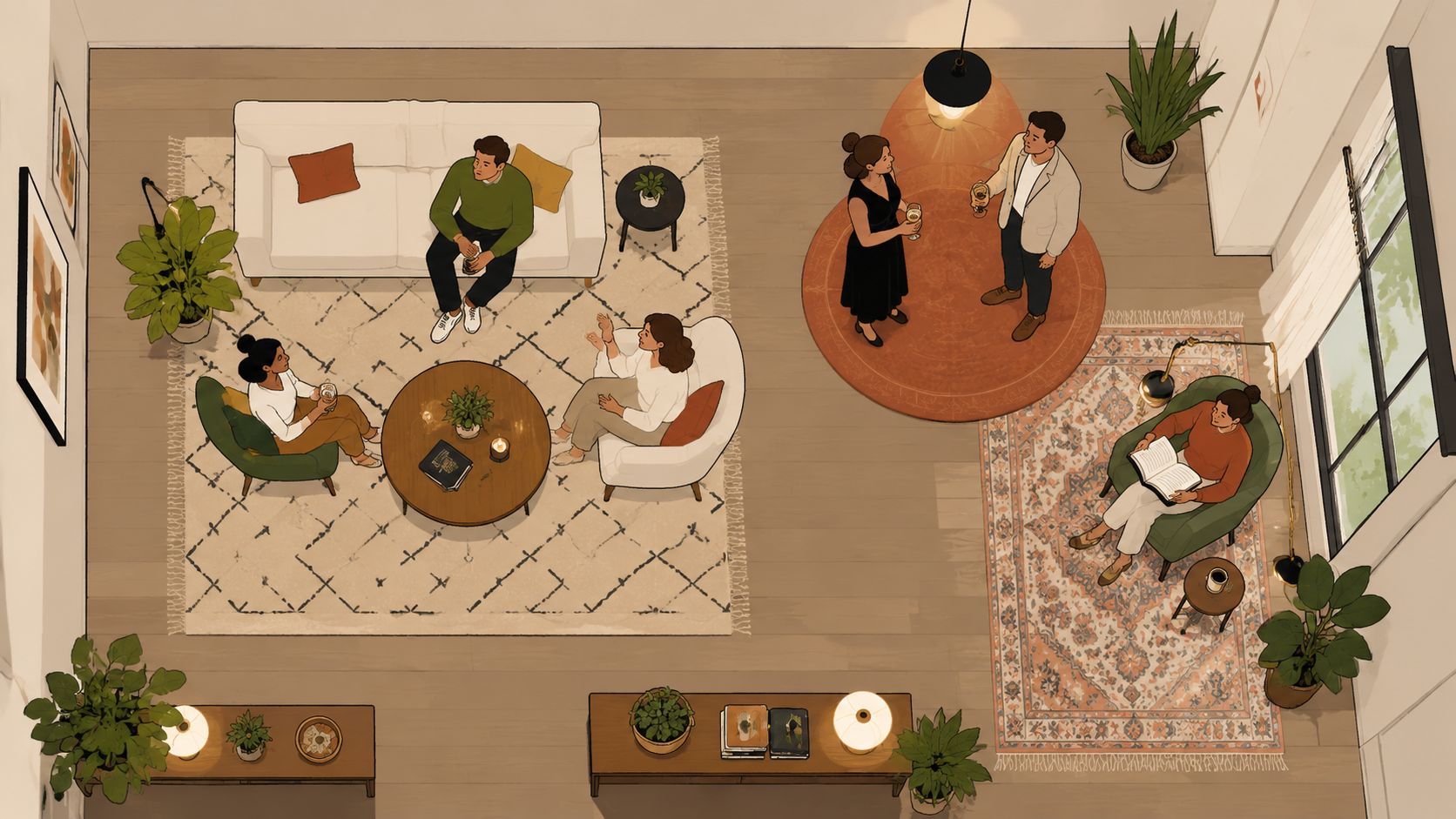 An aerial view of a cozy living room with people sitting and talking in various seating arrangements.