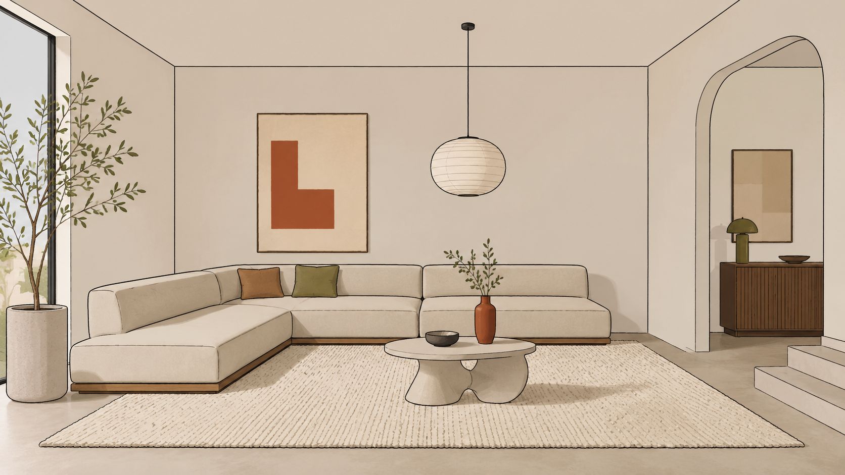 A modern minimalist living room featuring a cozy L-shaped beige sectional sofa on a textured area rug.
