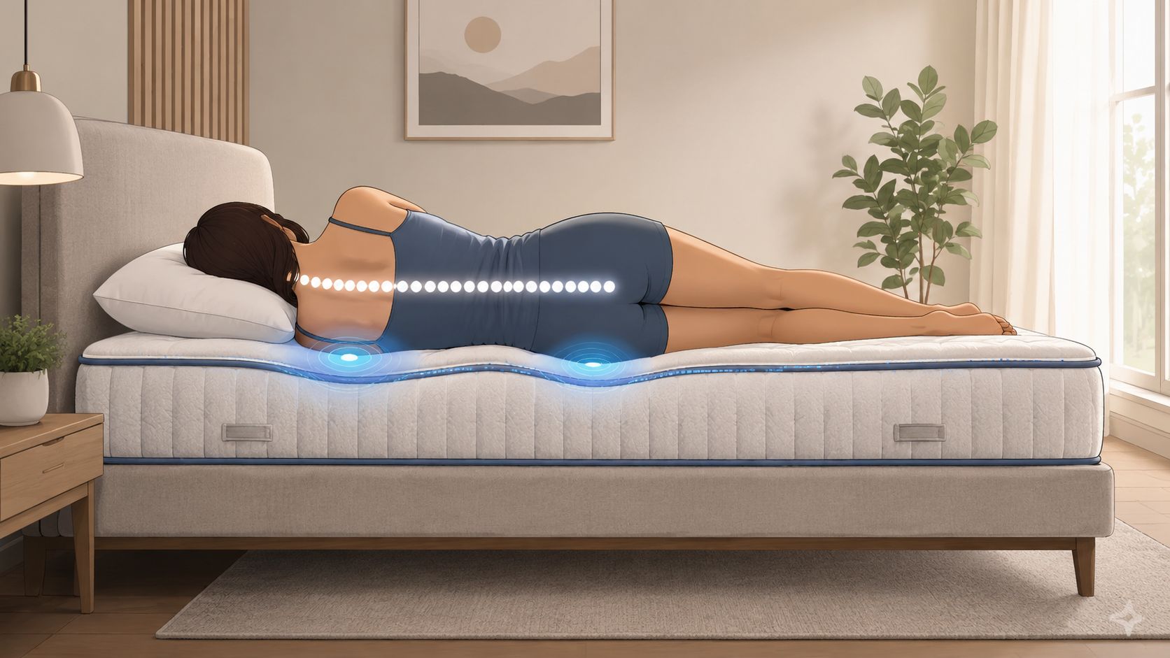 A woman lying on her side on a mattress, illustrating spinal alignment with highlighted pressure points.