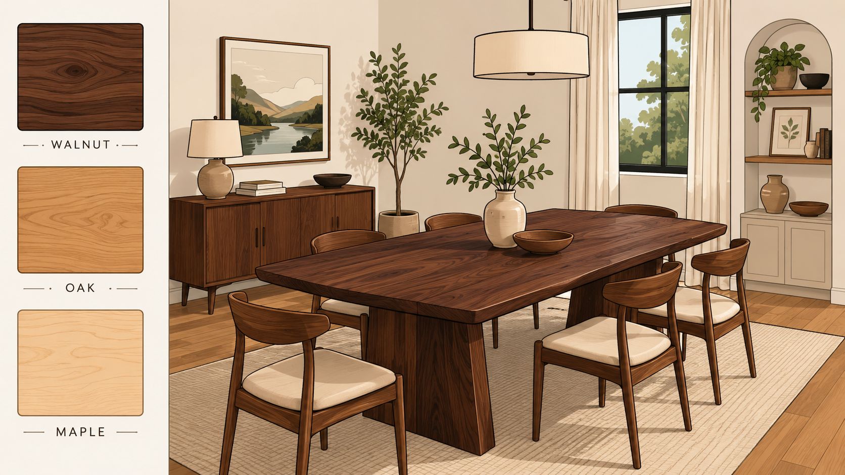 A modern dining room featuring a solid wood furniture set with walnut table and matching chairs