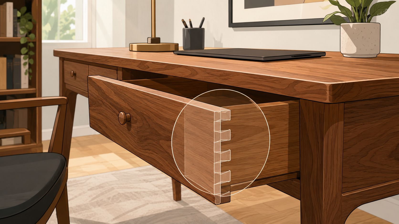 A close-up view of a wooden desk drawer showcasing its high-quality dovetail joinery construction in a home office.