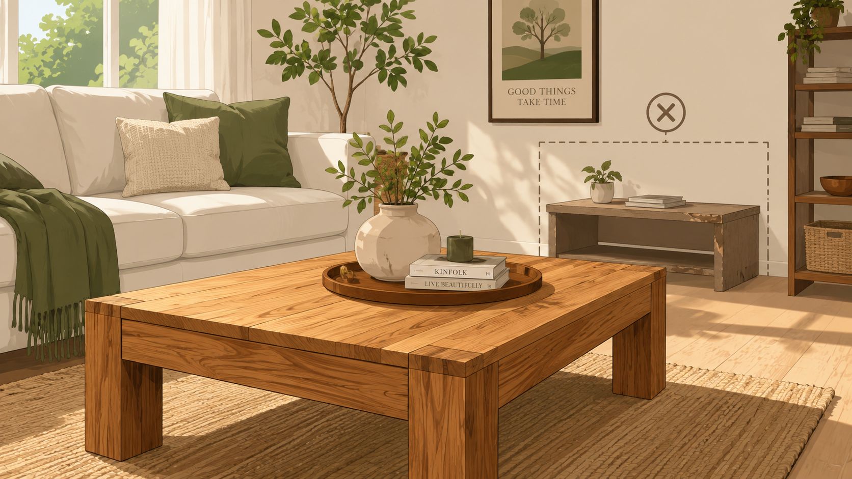 A cozy living room featuring a solid wood coffee table, a cream sofa, and natural home decor.