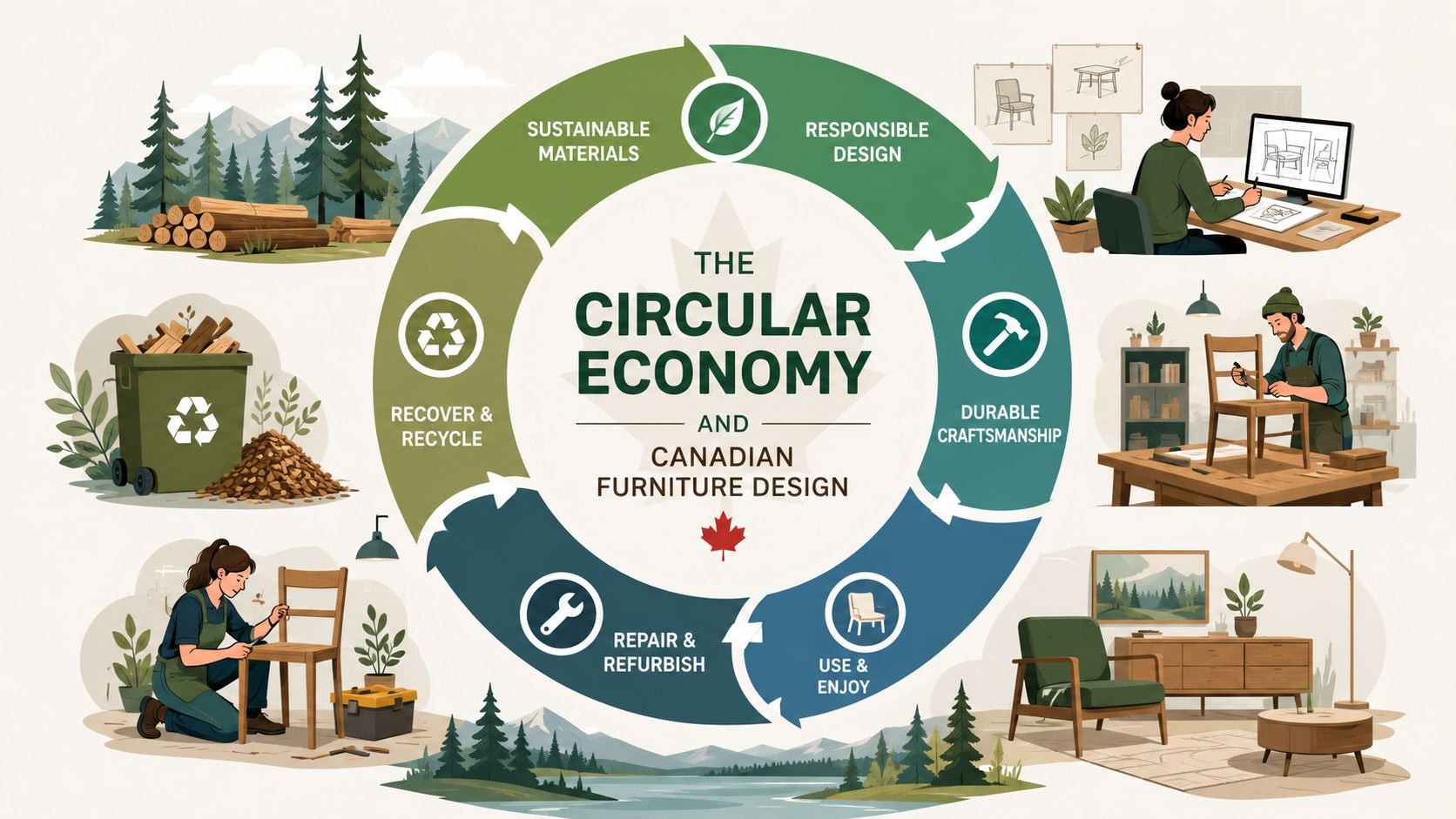 A diagram illustrating the circular economy process within the Canadian furniture design and manufacturing industry.