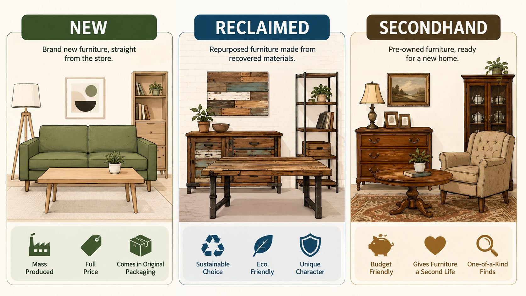 An infographic showing the differences between new, reclaimed, and secondhand furniture for home interior design.