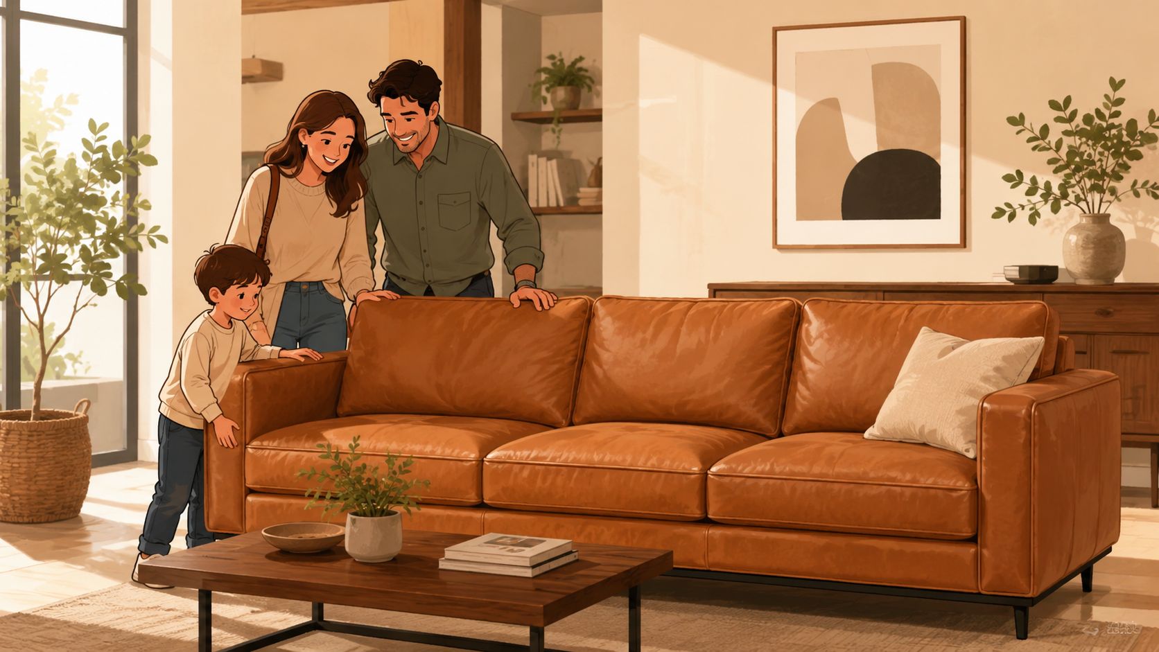 A young family standing together by a new brown leather sofa in a bright, modern living room.