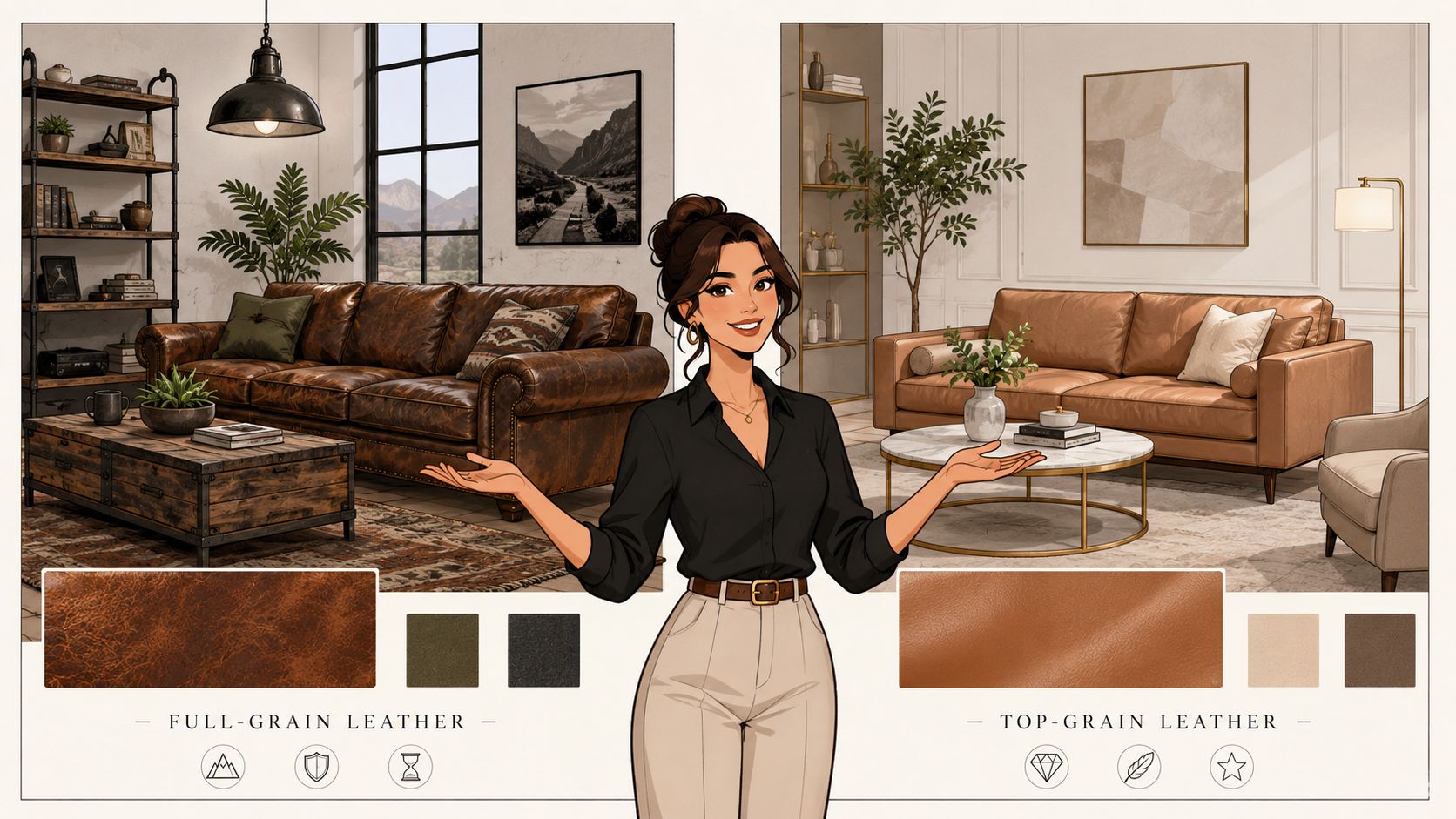 A woman presenting a comparison between rustic full-grain leather furniture and modern top-grain leather living room decor.