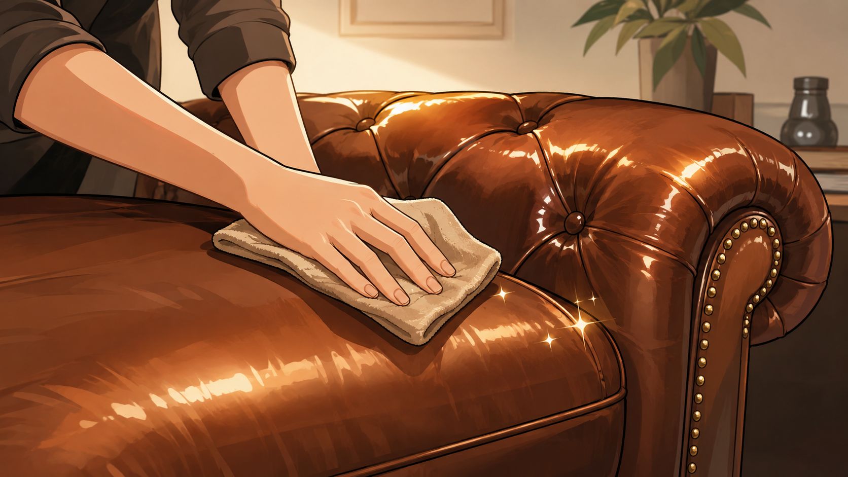 A person carefully cleaning and polishing a luxurious brown leather Chesterfield sofa with a soft cloth.