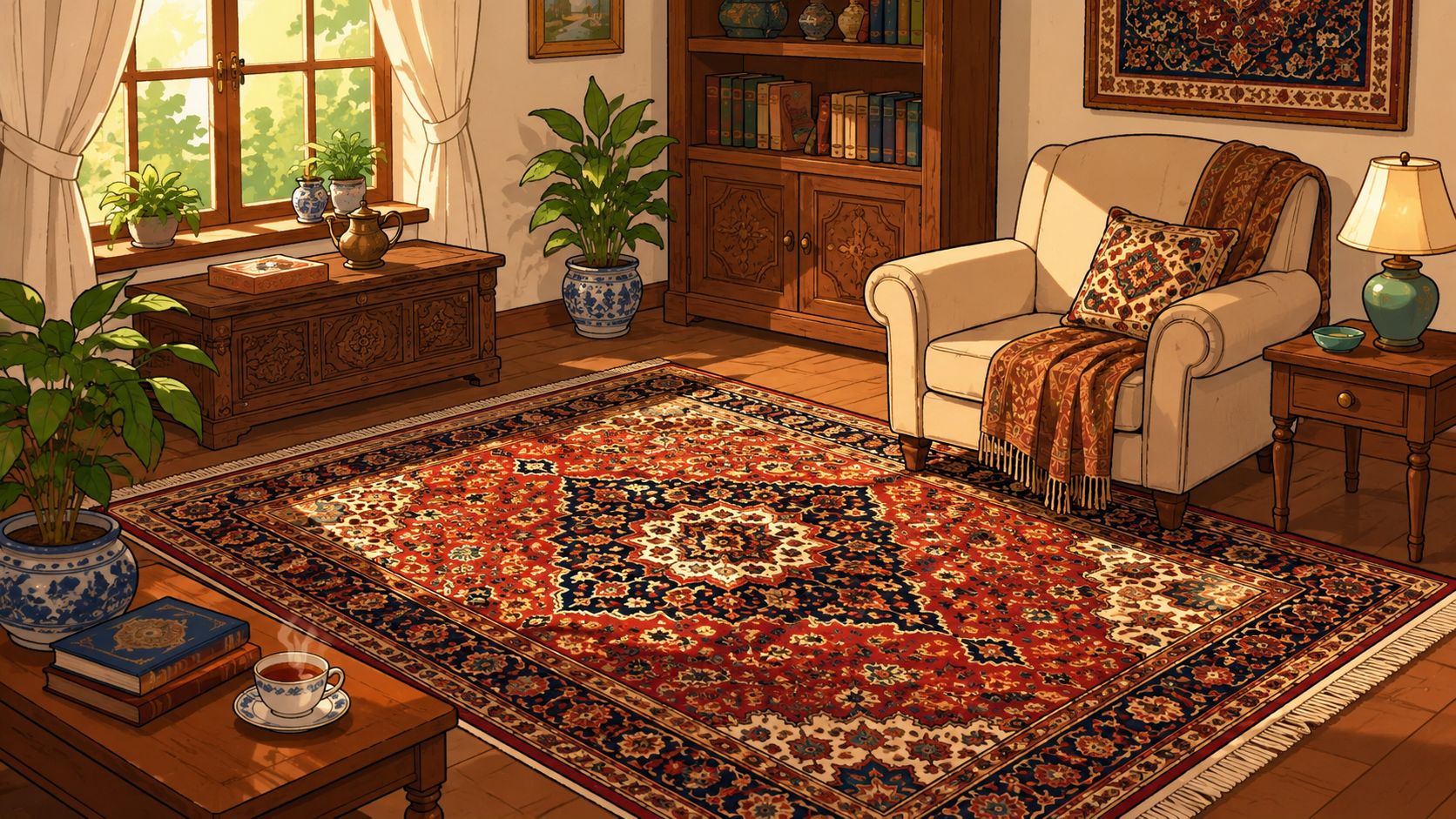 A cozy, sunlit living room featuring a large, ornate traditional Persian area rug on a wooden floor.