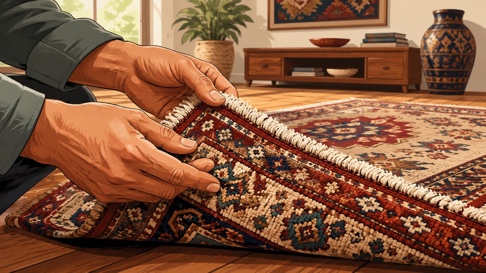 A person carefully examining the fringe and intricate woven pattern of a folded traditional area rug.