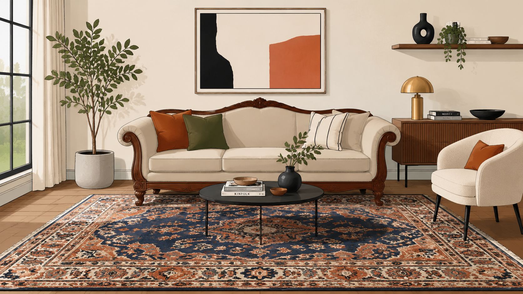 A sophisticated living room featuring a traditional style sofa, an ornate rug, and modern decorative accents.