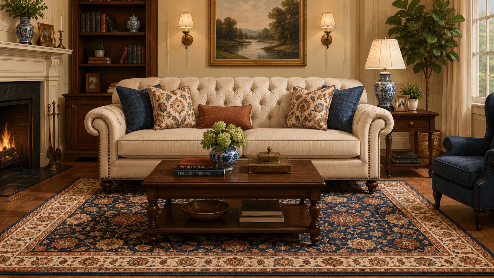 A sophisticated traditional living room featuring a cream tufted sofa, wooden coffee table, and patterned area rug.