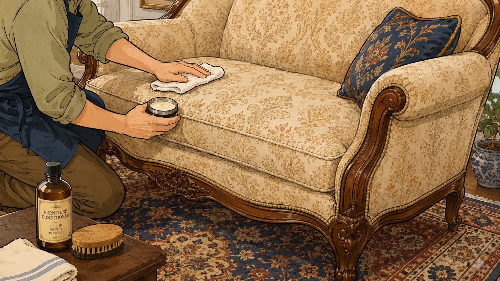 A craftsman applies conditioner to an elegant, upholstered traditional style sofa in a home setting.