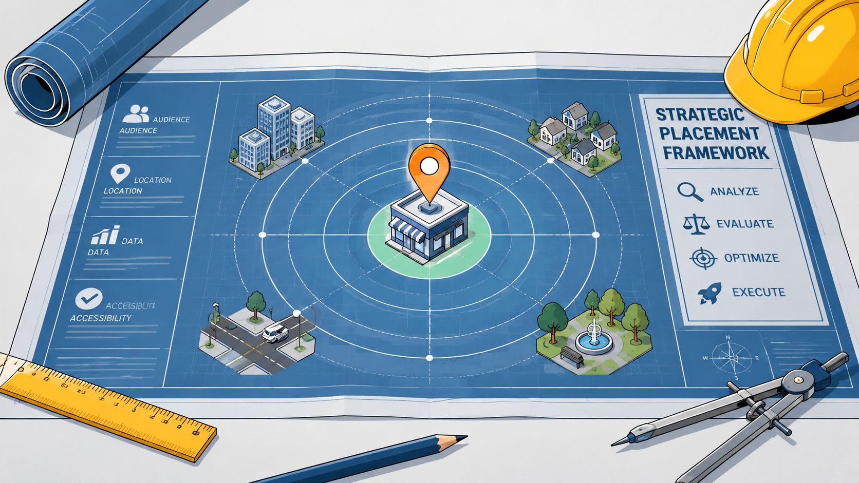 A blueprint showing a strategic placement framework for business locations with icons, a map, and tools.