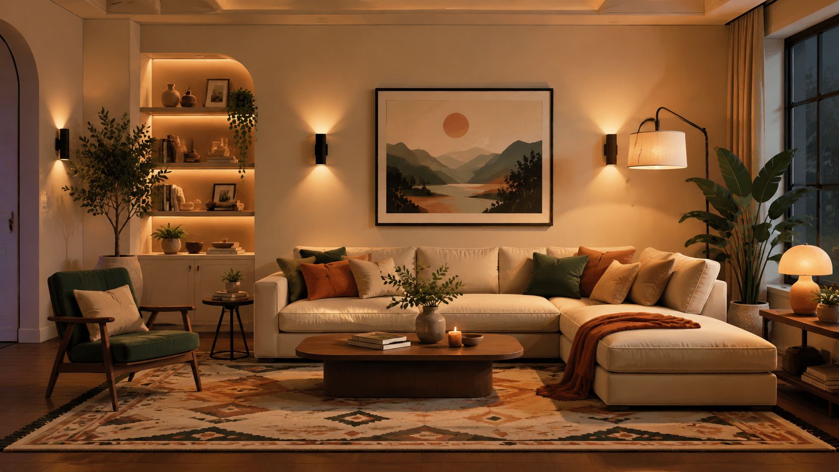 A cozy, modern living room featuring warm ambient lighting, a cream sectional sofa, and stylish wall sconces.