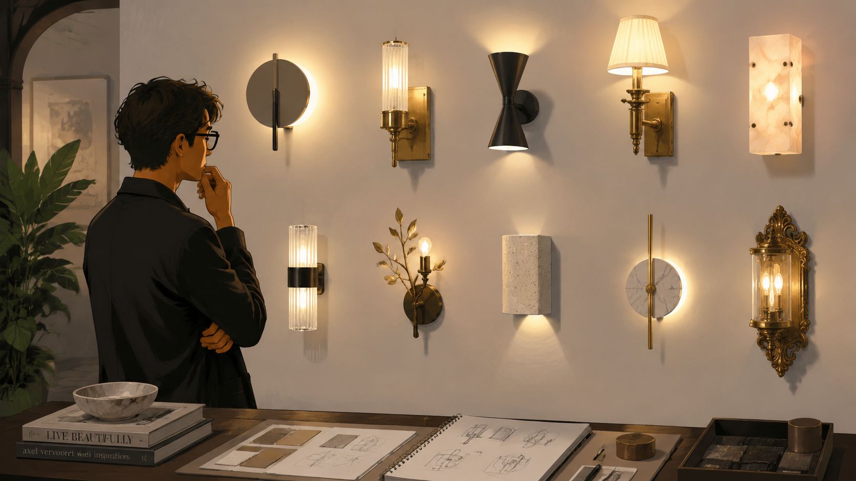 A designer viewing a wall display featuring various elegant wall sconce lighting fixtures for a living room.