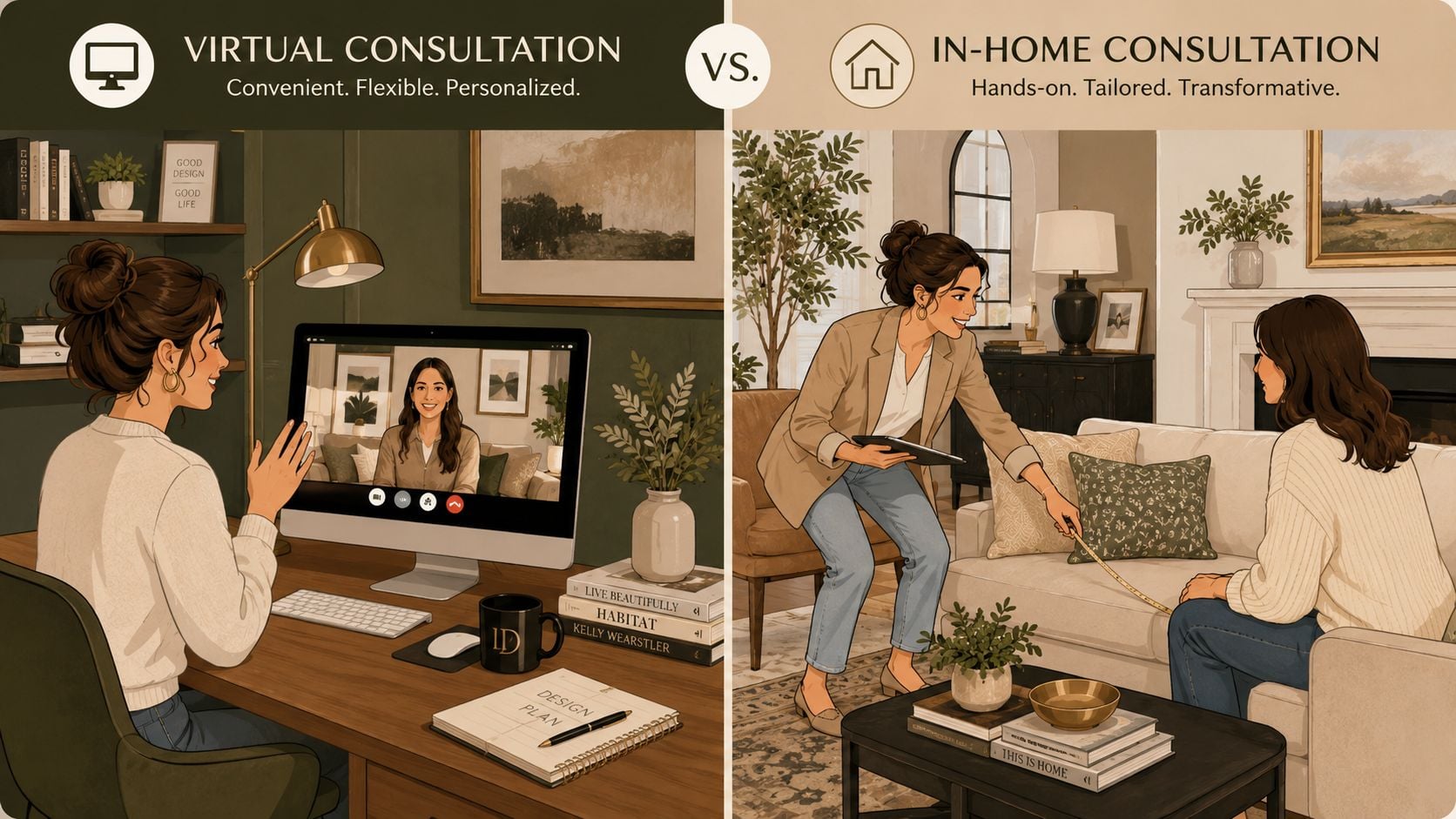 A comparison showing a woman doing a virtual design consultation and an in-person home design consultation.
