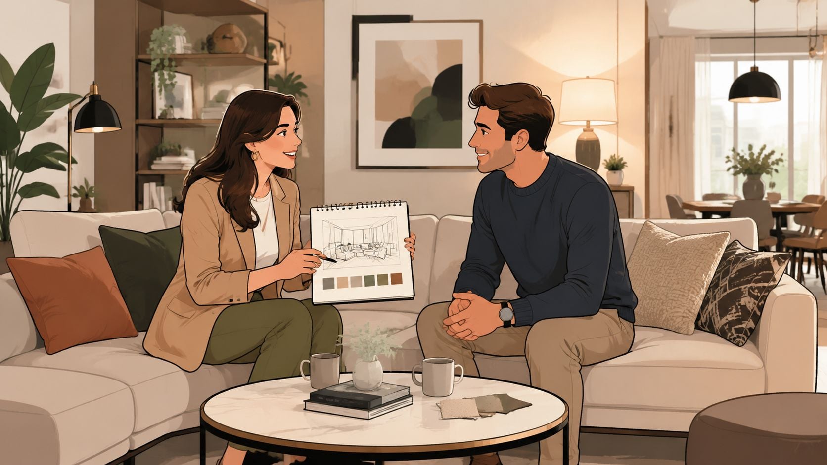 An interior designer holding a sketch consultation with a male client in a modern decorated living room.