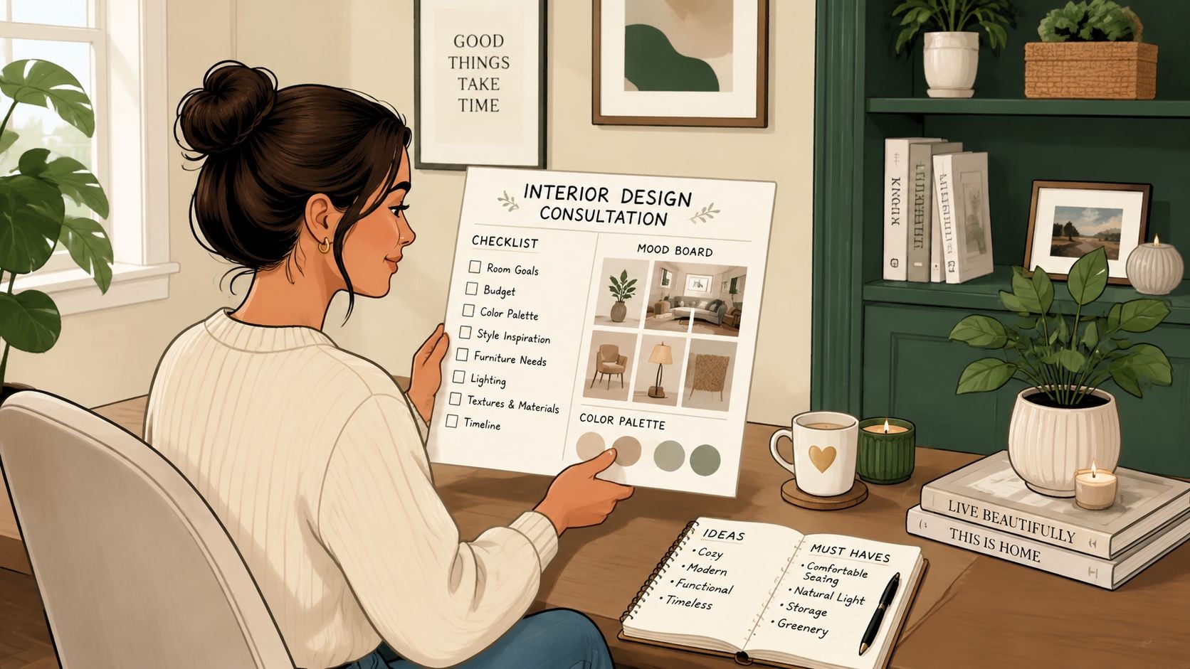 A woman reviewing an interior design consultation checklist and mood board at her organized, cozy workspace.