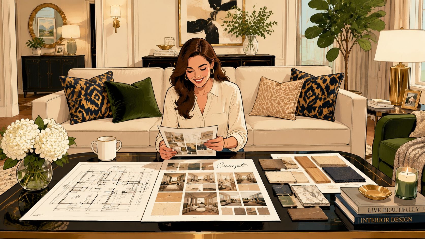 A professional interior designer reviews concept boards, floor plans, and material samples in a stylish, modern living room.