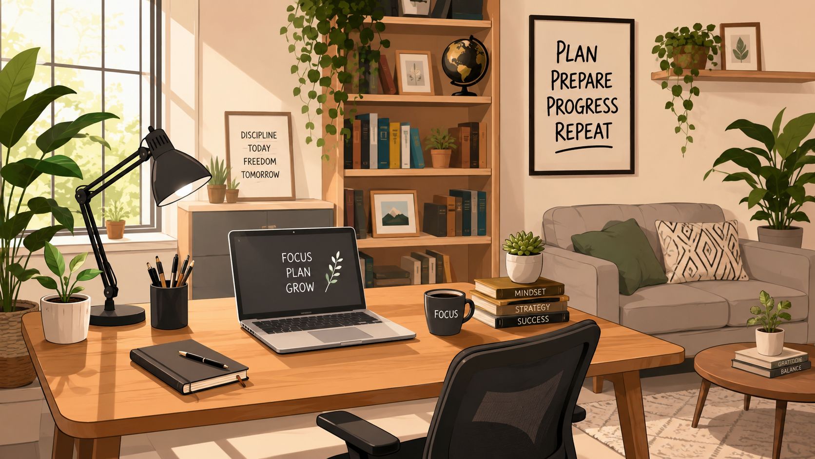 A cozy, minimalist home office featuring a wooden desk, a laptop, plants, and motivational wall art.