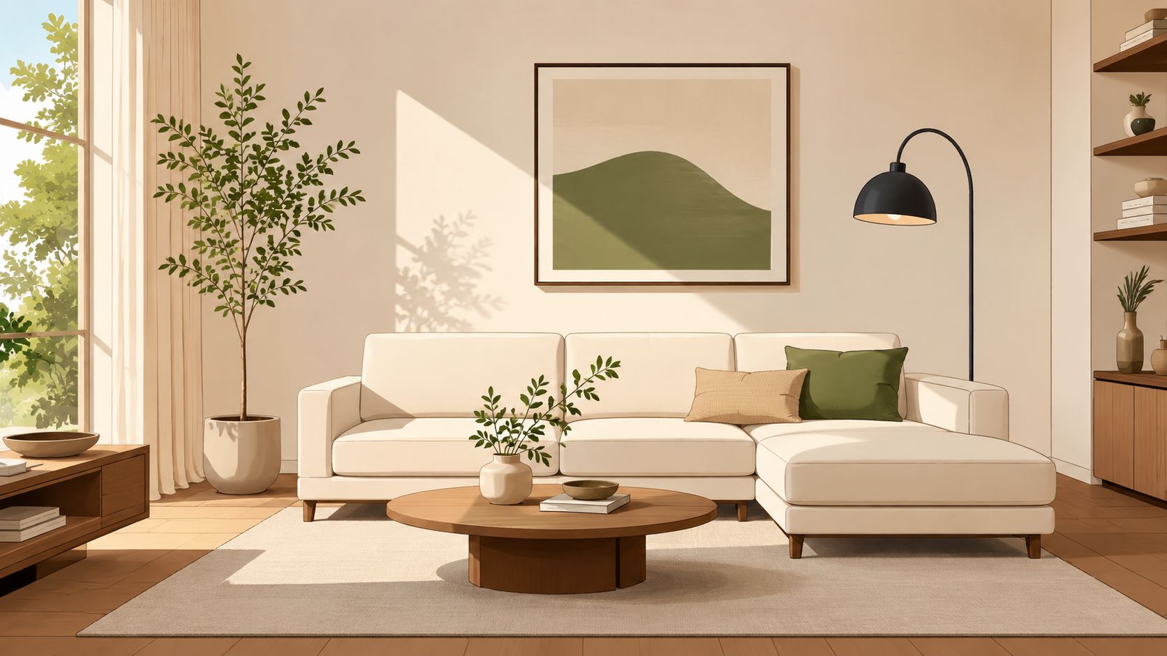 A modern minimalist living room featuring a cream sectional sofa, wooden coffee table, and soft natural lighting.