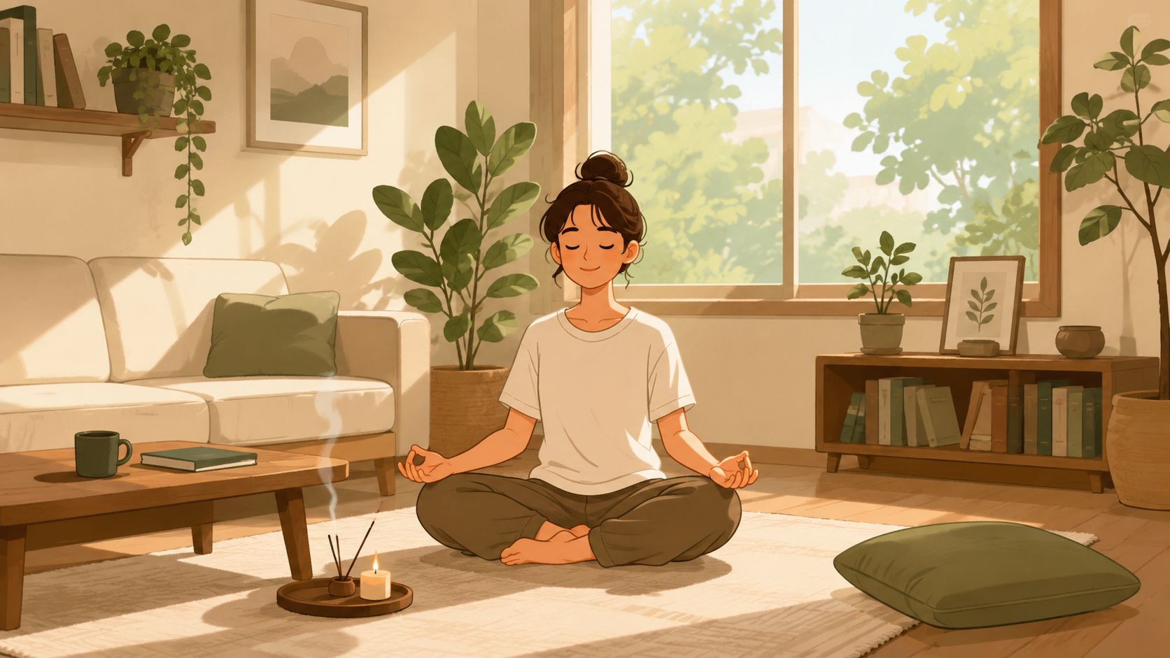A person meditating in a peaceful, sunlit minimalist living room with houseplants and natural decor elements.
