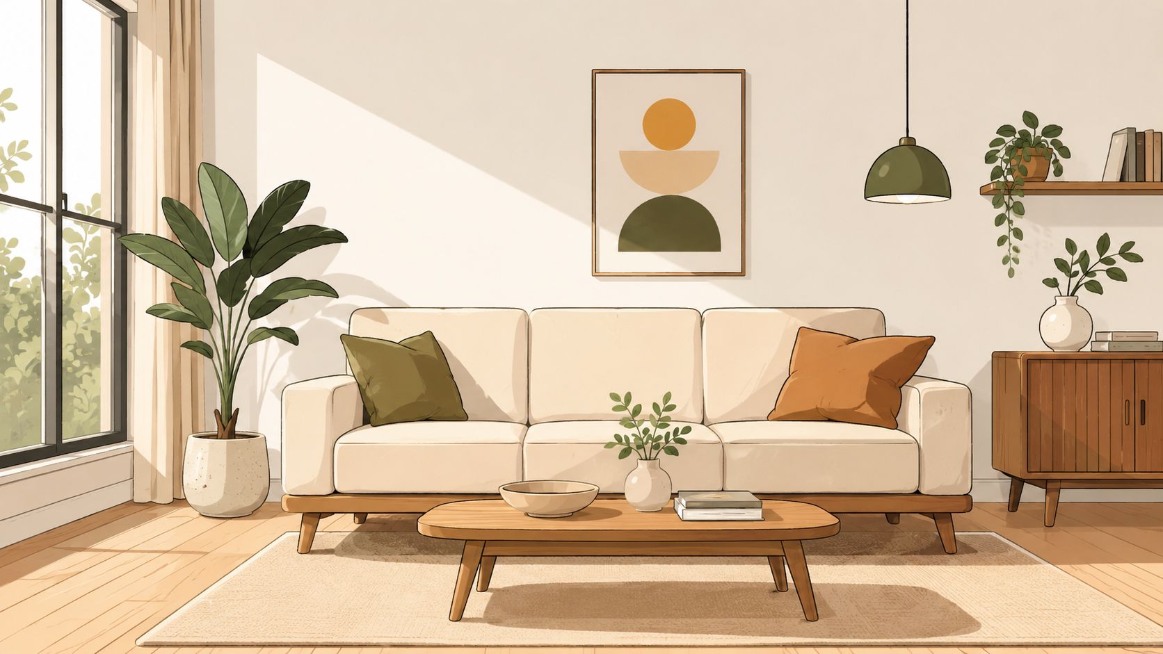A minimalist living room with a beige sofa, wooden coffee table, houseplants, and wall art decor.