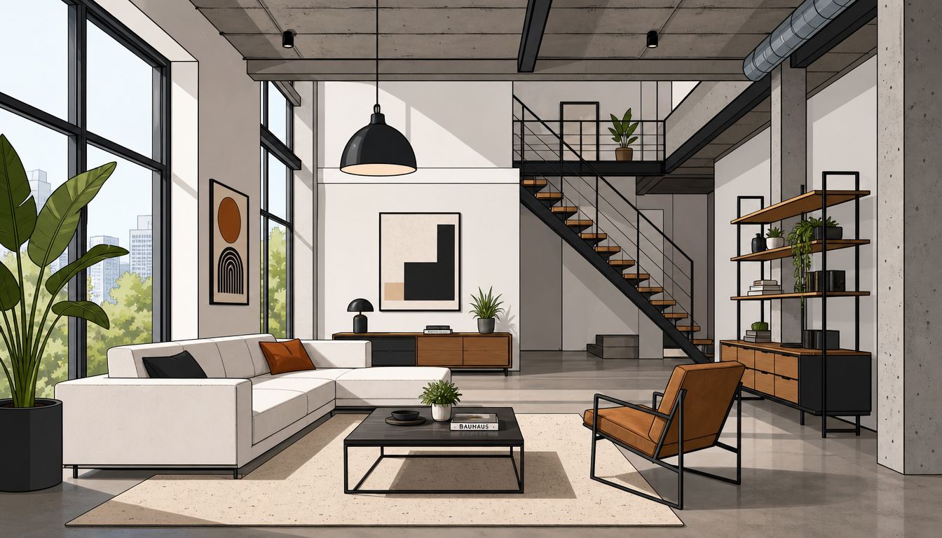 A bright and airy modern industrial living room featuring a white sectional sofa and open staircase design.