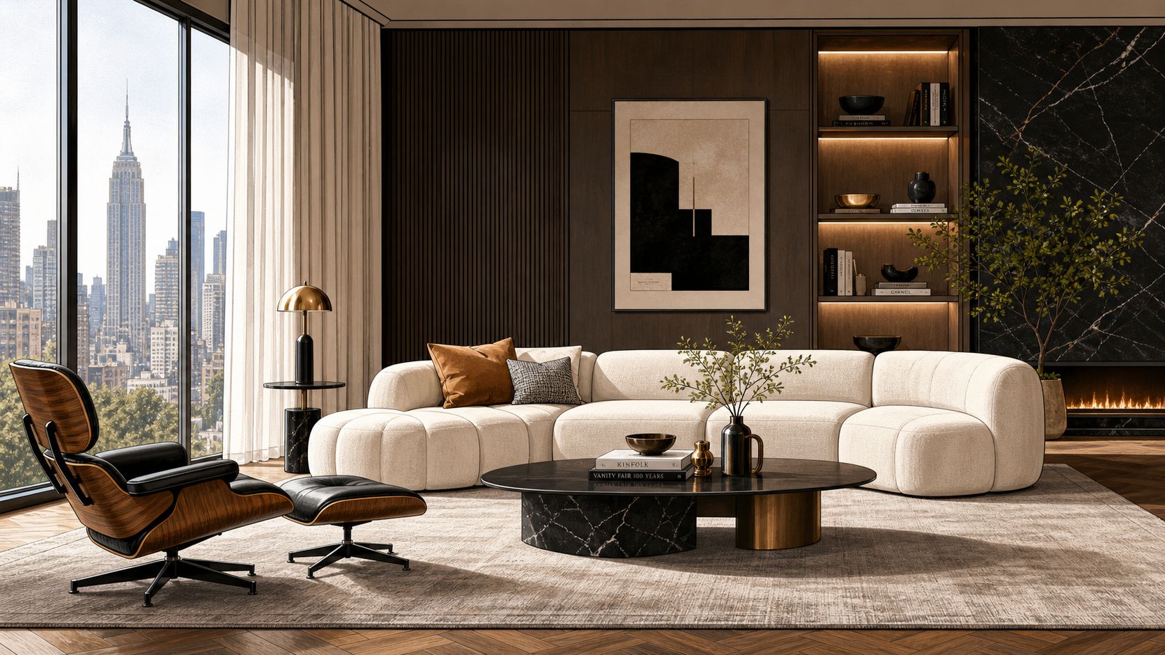 A modern luxury living room with a curved sofa, Eames-style chair, and a panoramic city skyline view.