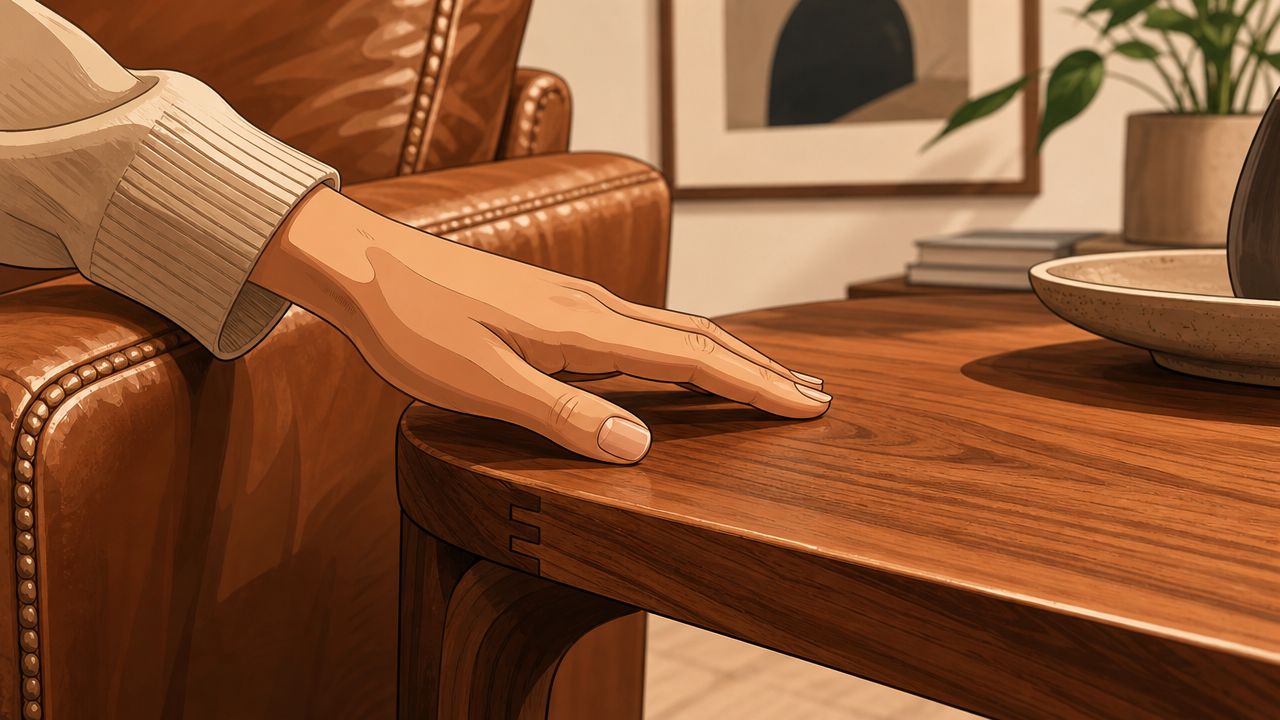A close-up view of a person resting their hand on a polished wooden modern furniture table.