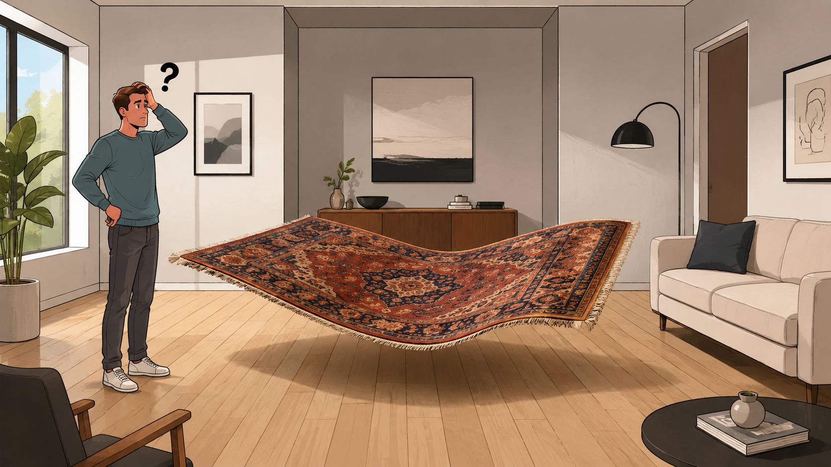 A confused man in a living room looking at a magical rug floating in mid-air.