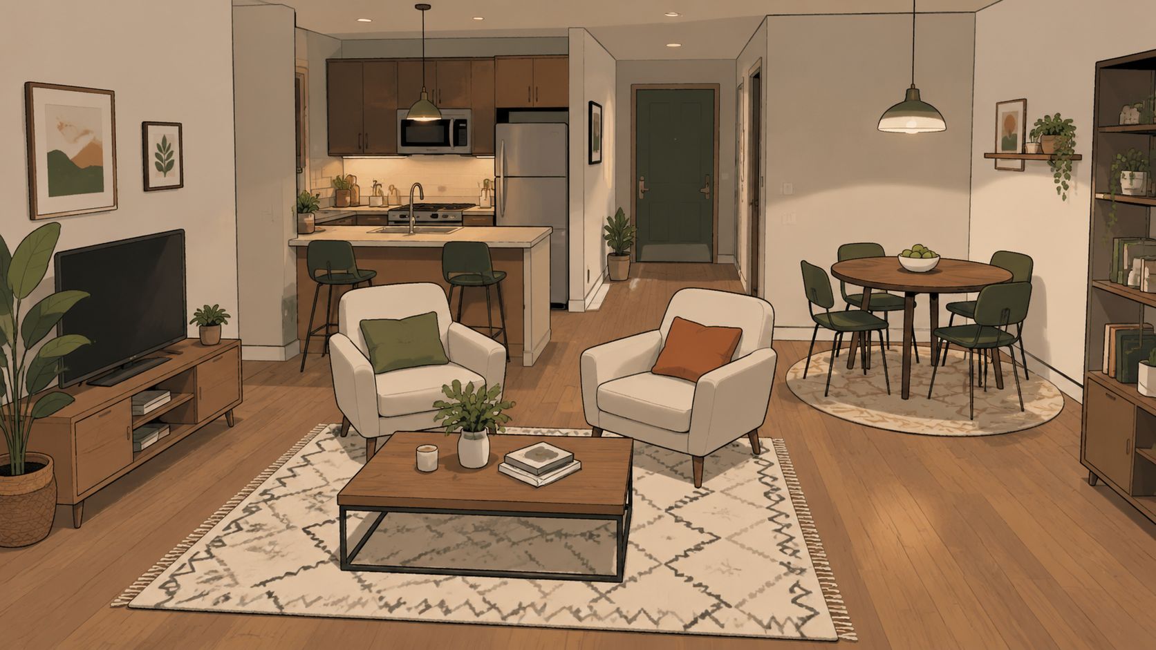 A cozy, modern open-concept living room featuring a patterned area rug placement under a coffee table.