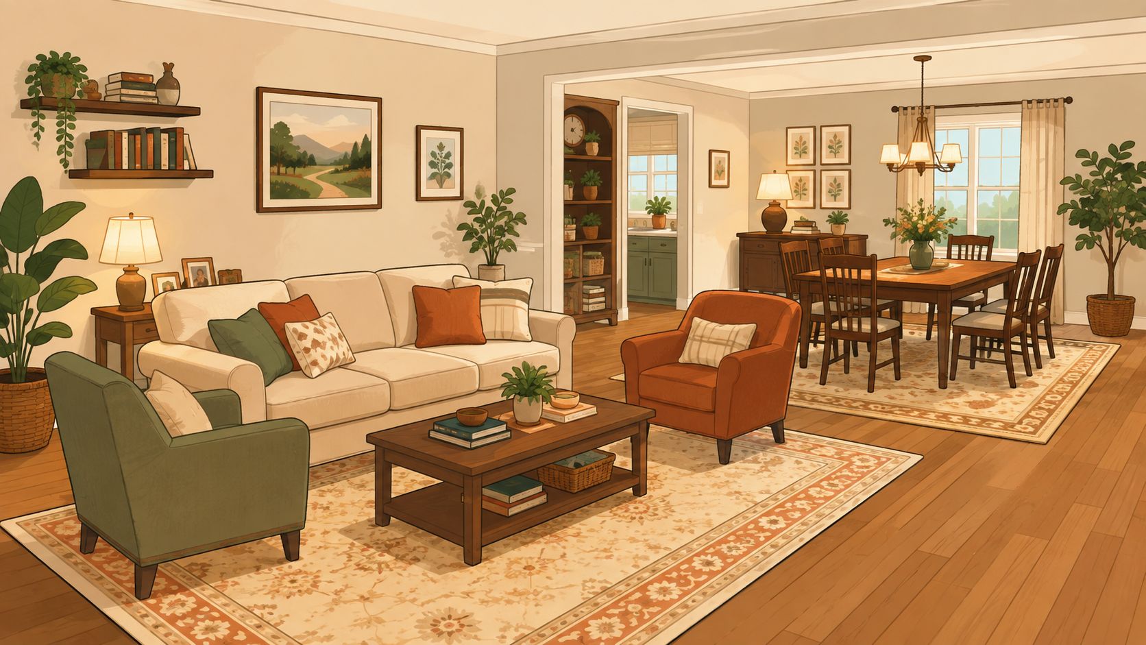 A cozy, well-decorated living and dining room featuring a warm color palette and traditional wooden furniture.