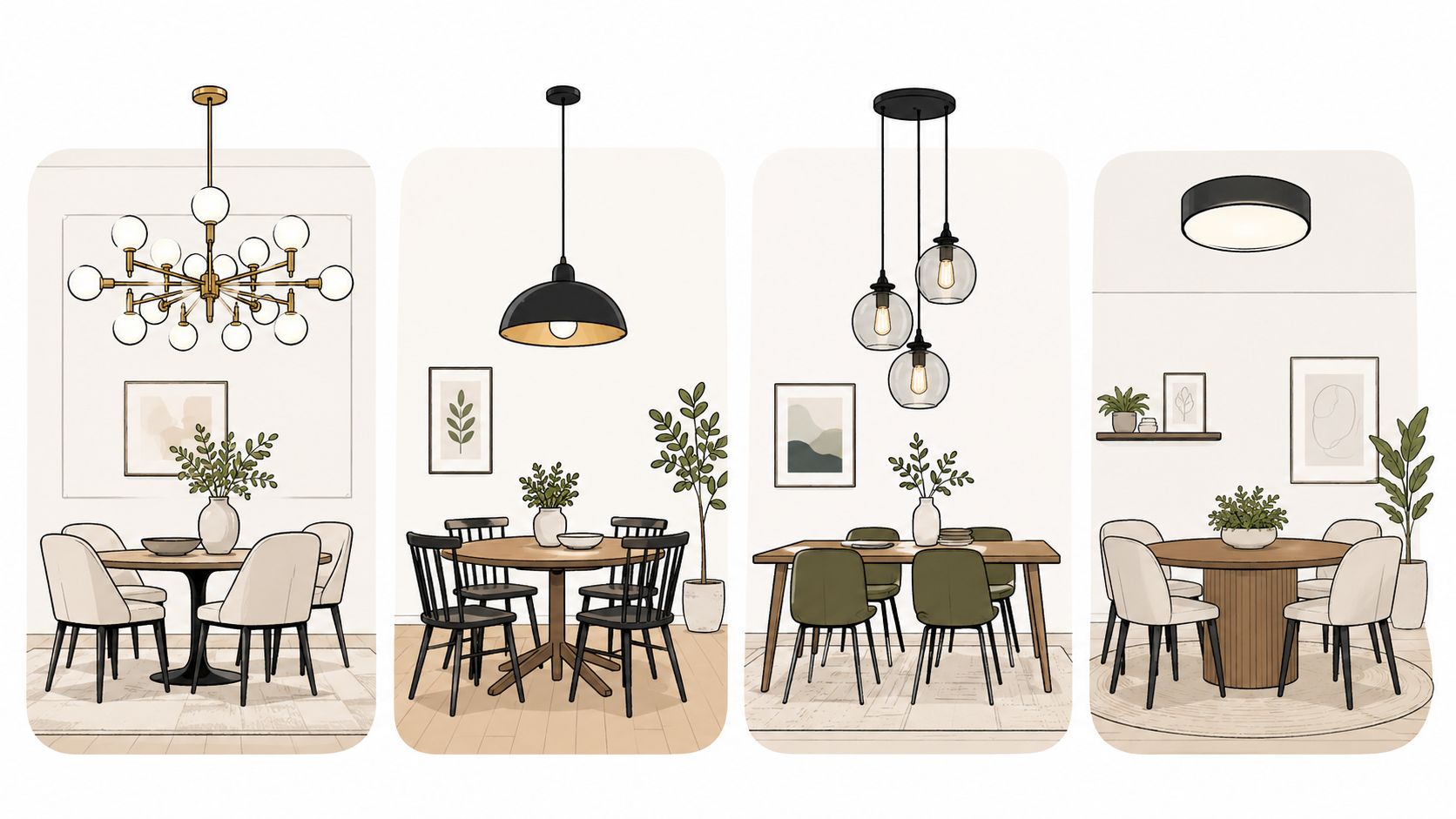 Four different dining room interior design styles featuring various ceiling lamp fixtures and modern furniture arrangements.