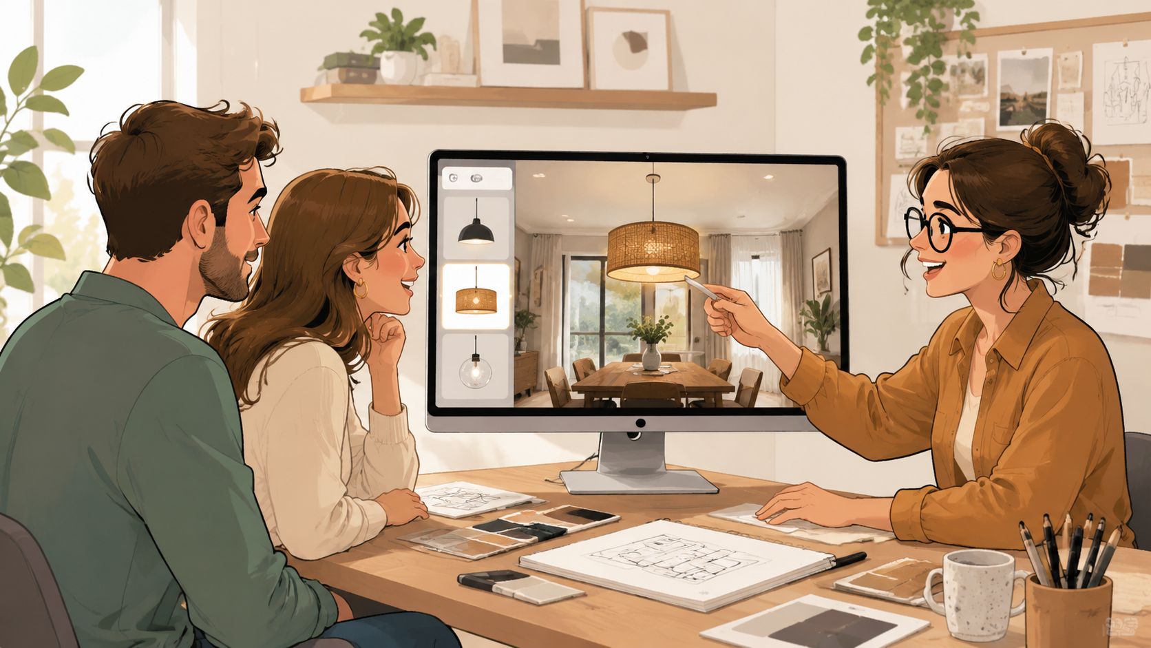 A professional interior designer shows a couple 3D visualizations of modern ceiling lamps for their dining room.