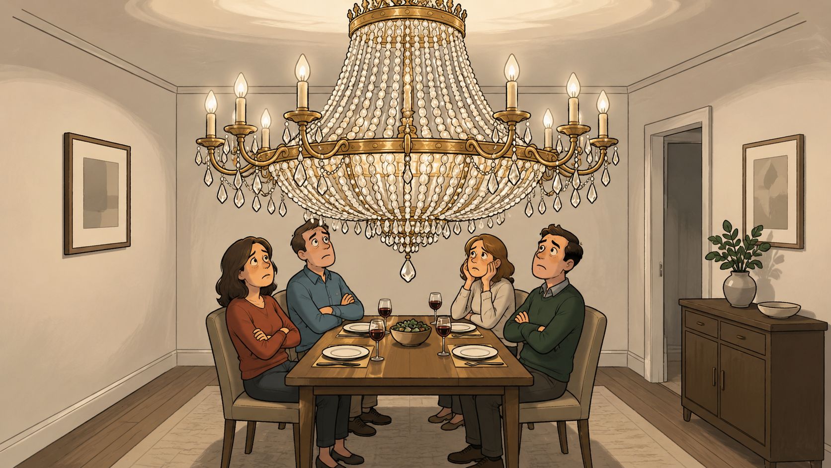 Four people sit at a dining table looking up at an enormous, oversized crystal chandelier hanging low.