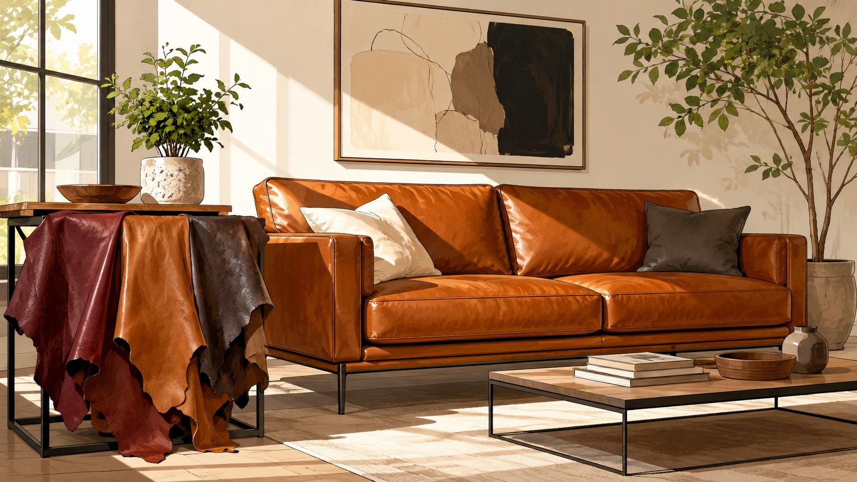 A modern living room features a tan leather sofa, fabric swatches on a side table, and minimalist decor.