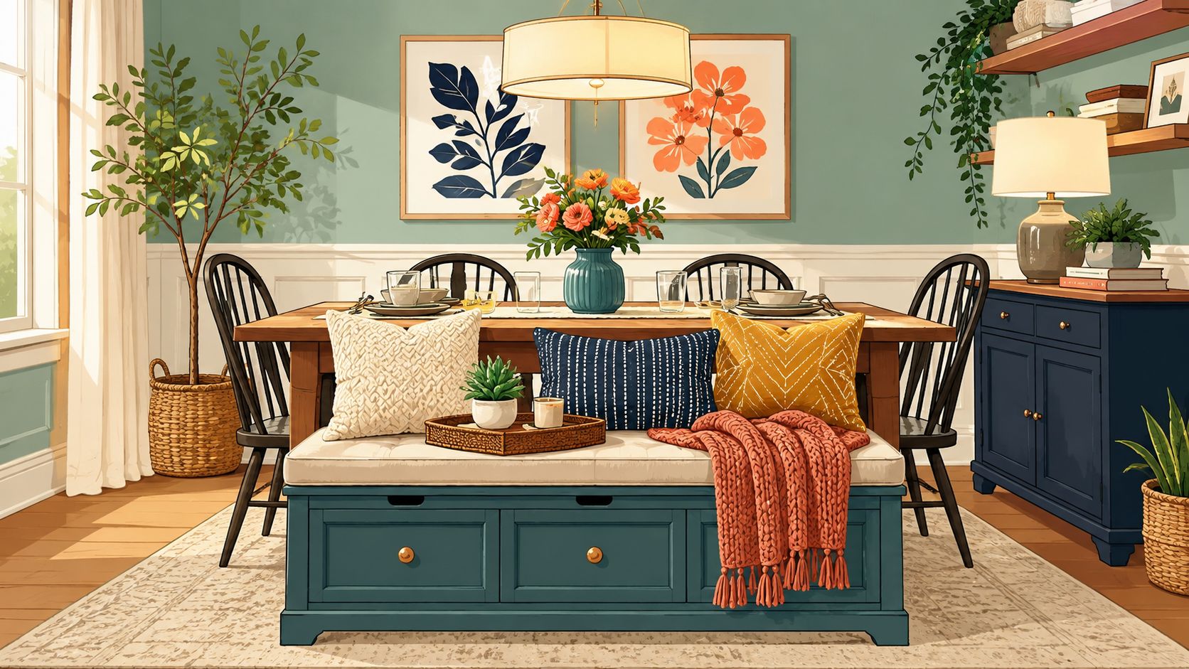 A cozy dining area featuring a navy blue storage bench with decorative pillows and a rustic wooden table.