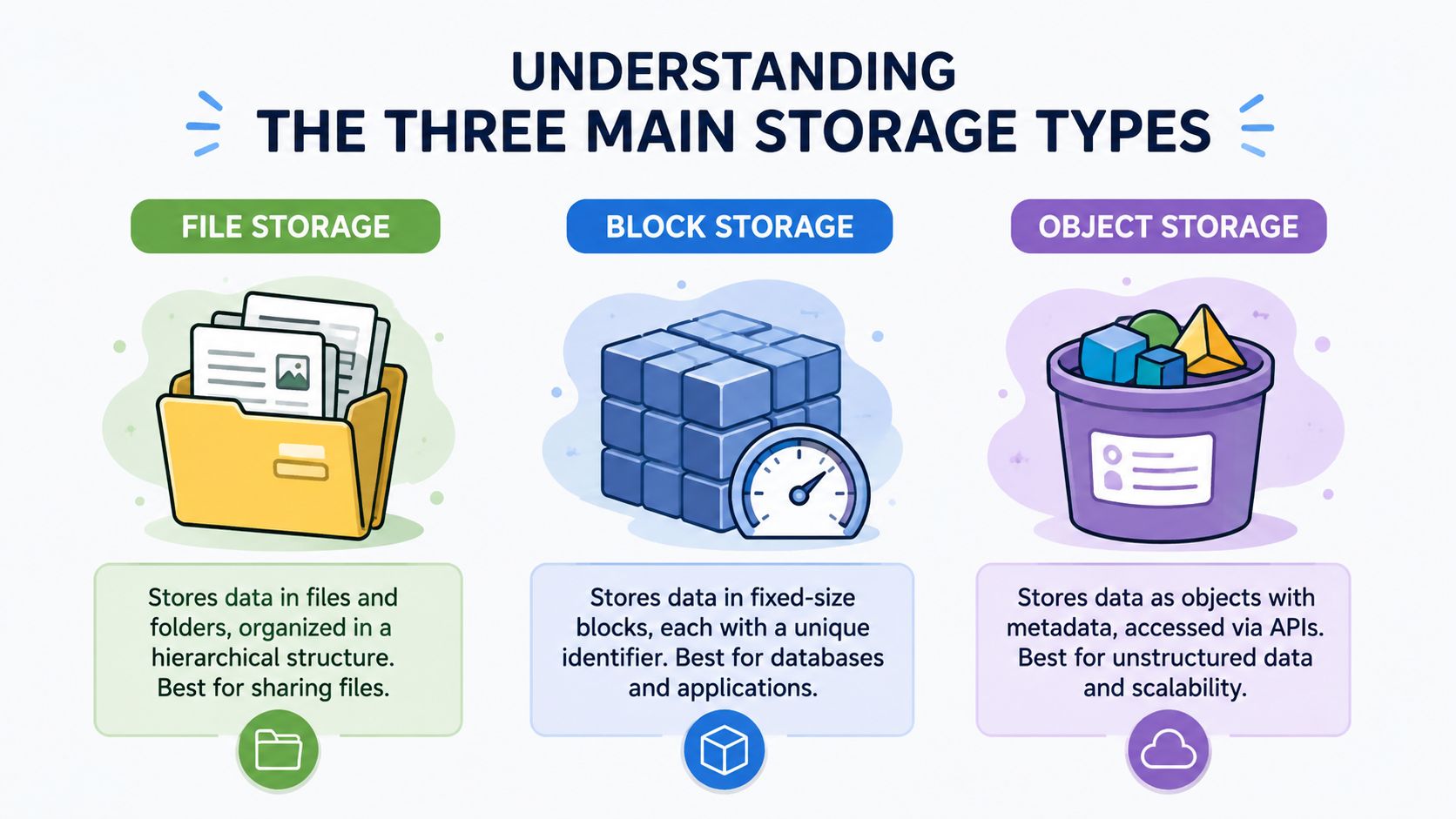 A diagram comparing three main storage types: file storage, block storage, and object storage for data management.