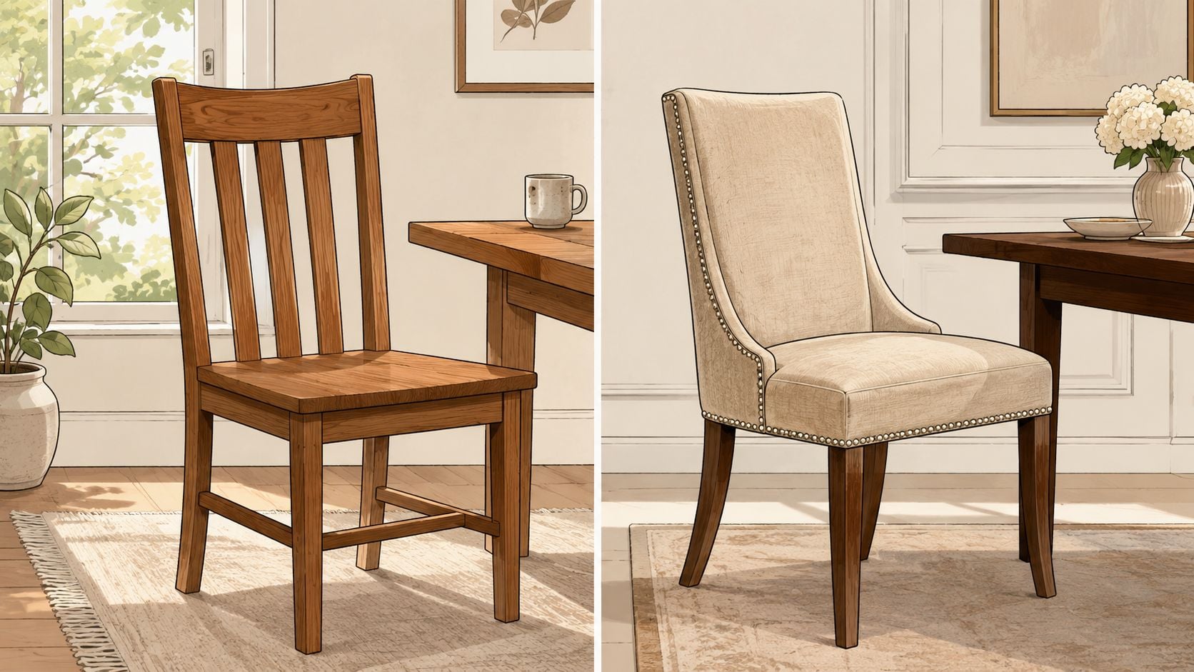 A split image showing a wooden slatted dining chair next to a fabric upholstered dining chair.