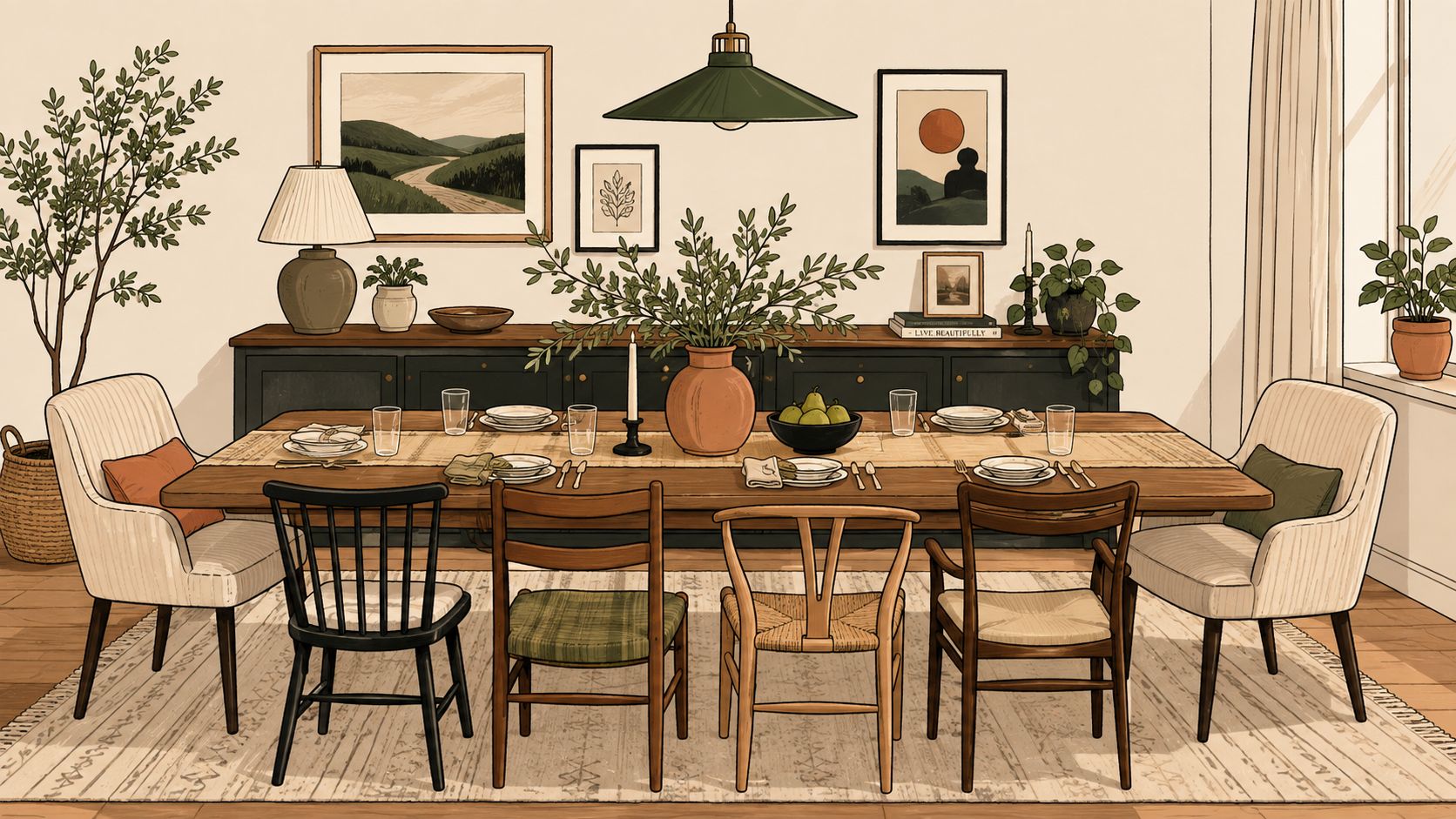 A stylish dining room featuring a long wooden table and a diverse set of six dining chairs.