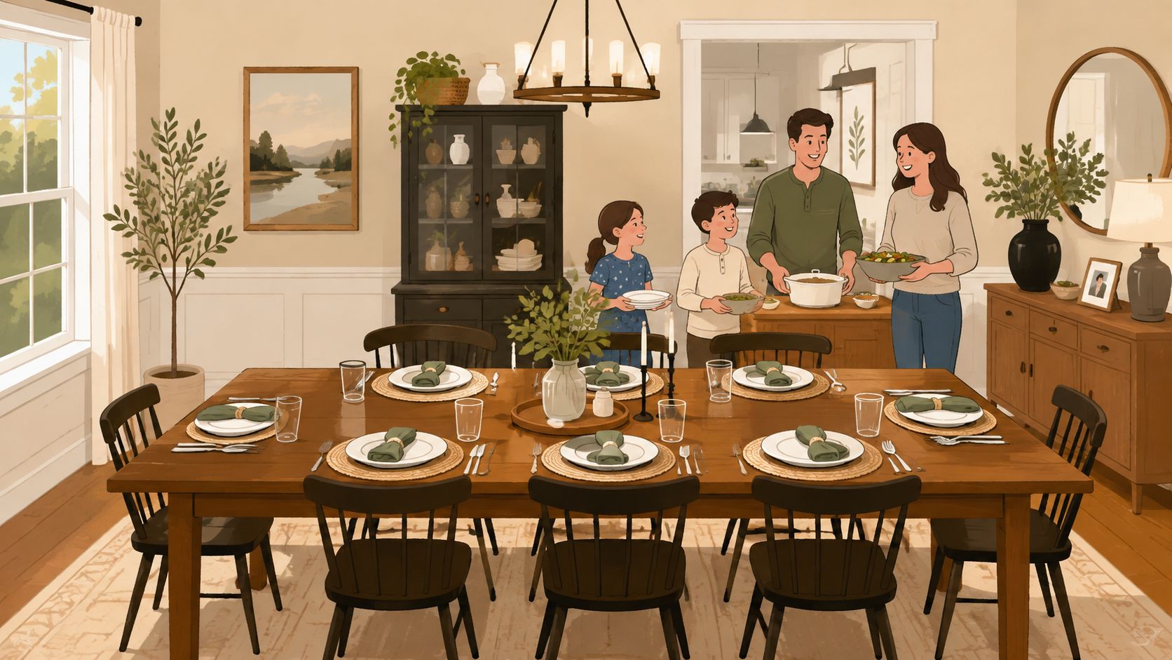 A happy family preparing a dinner table with a set of six dining chairs in a cozy home.