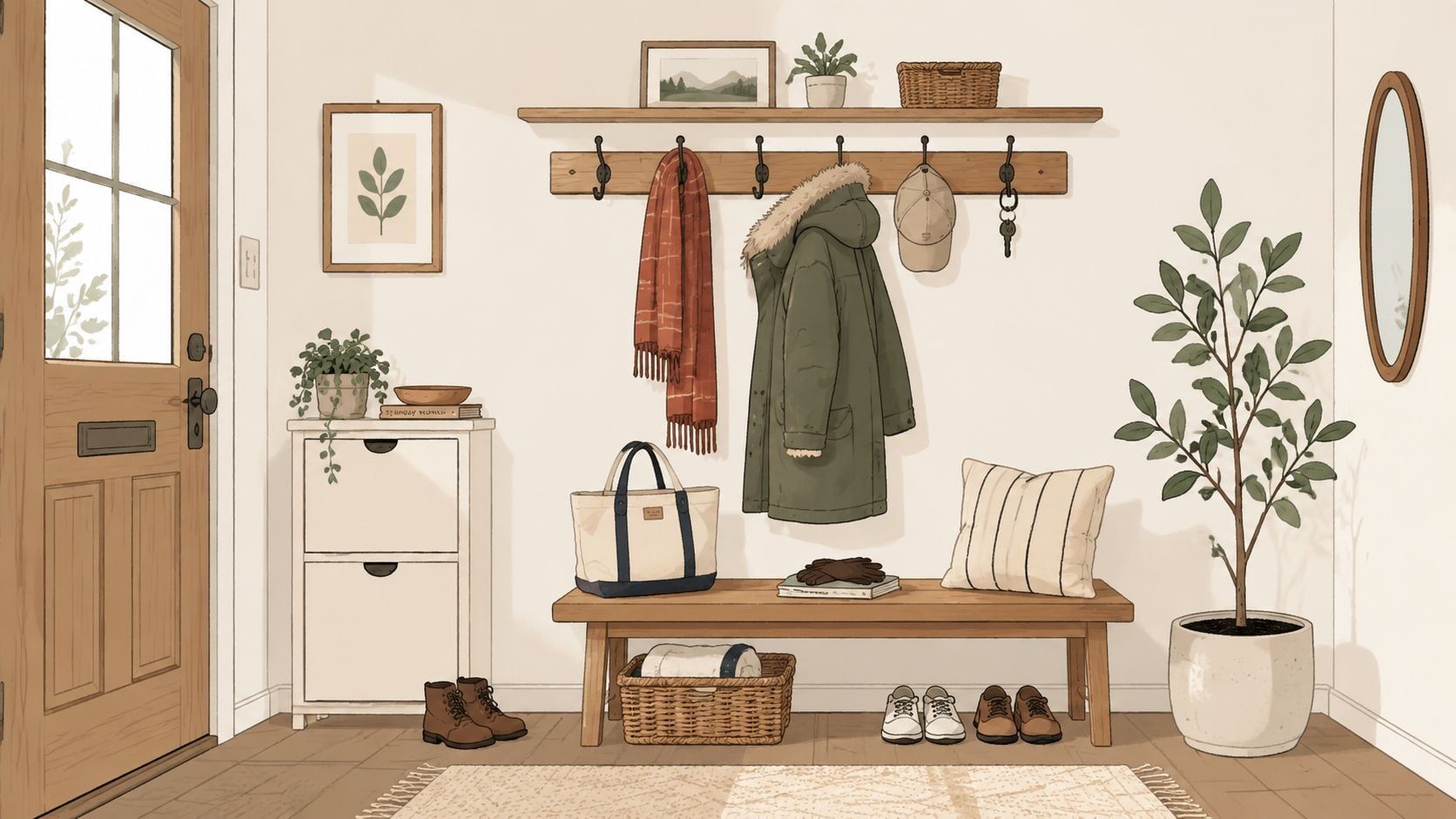 A cozy, minimalist entryway featuring a wooden coat rack, bench, shoe storage, and a potted plant.