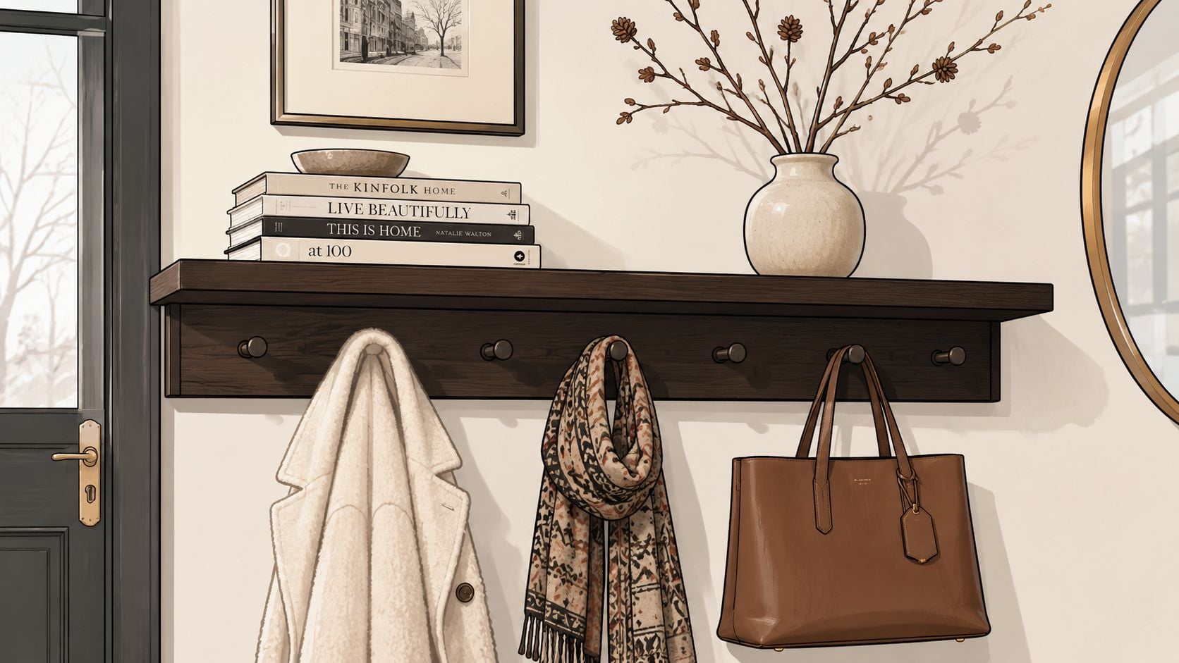 A modern wooden entryway shelf with a coat rack holding a coat, scarf, and brown leather bag.